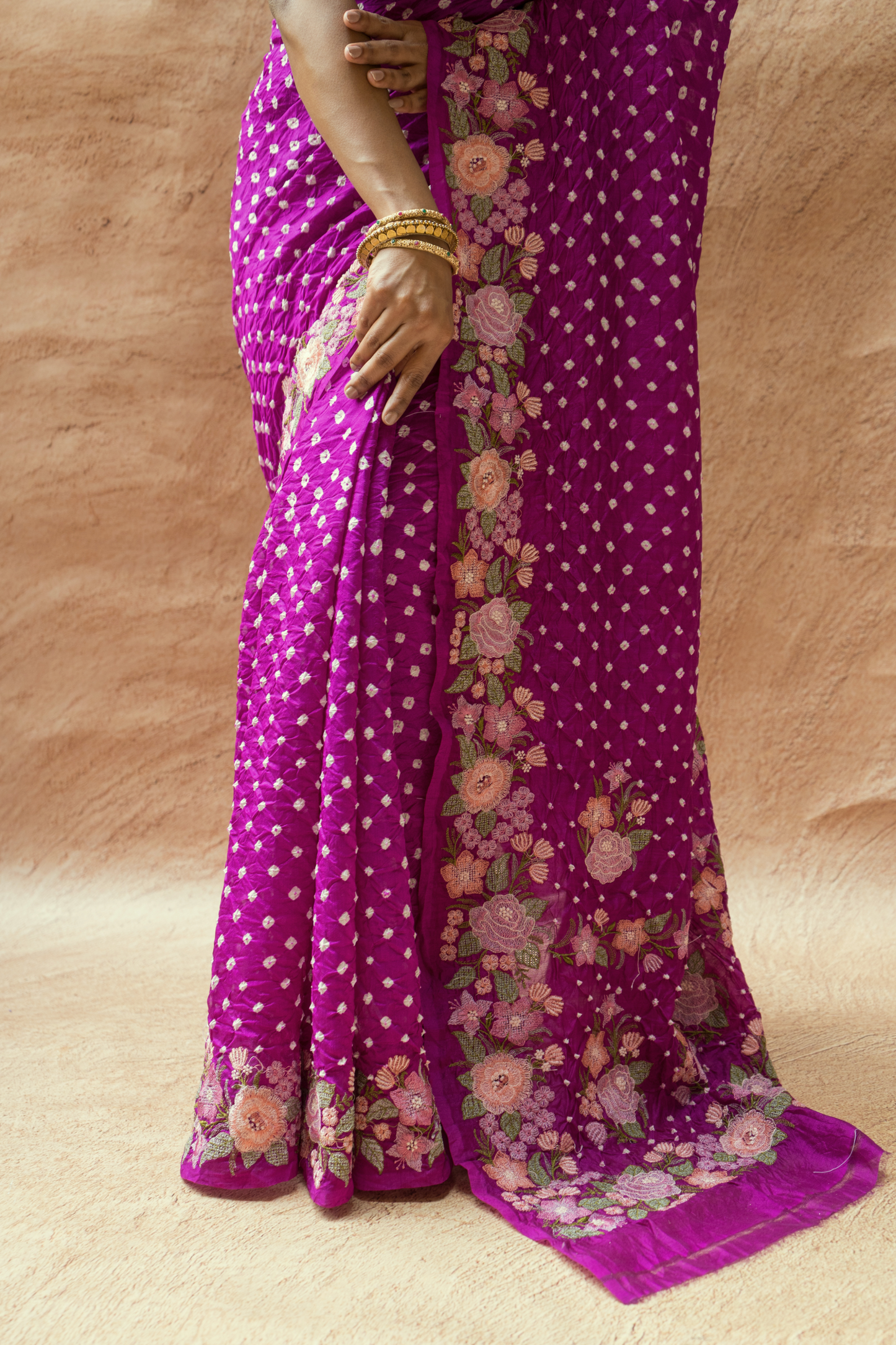 Chiniya Embroidered Purple Bandhej Saree