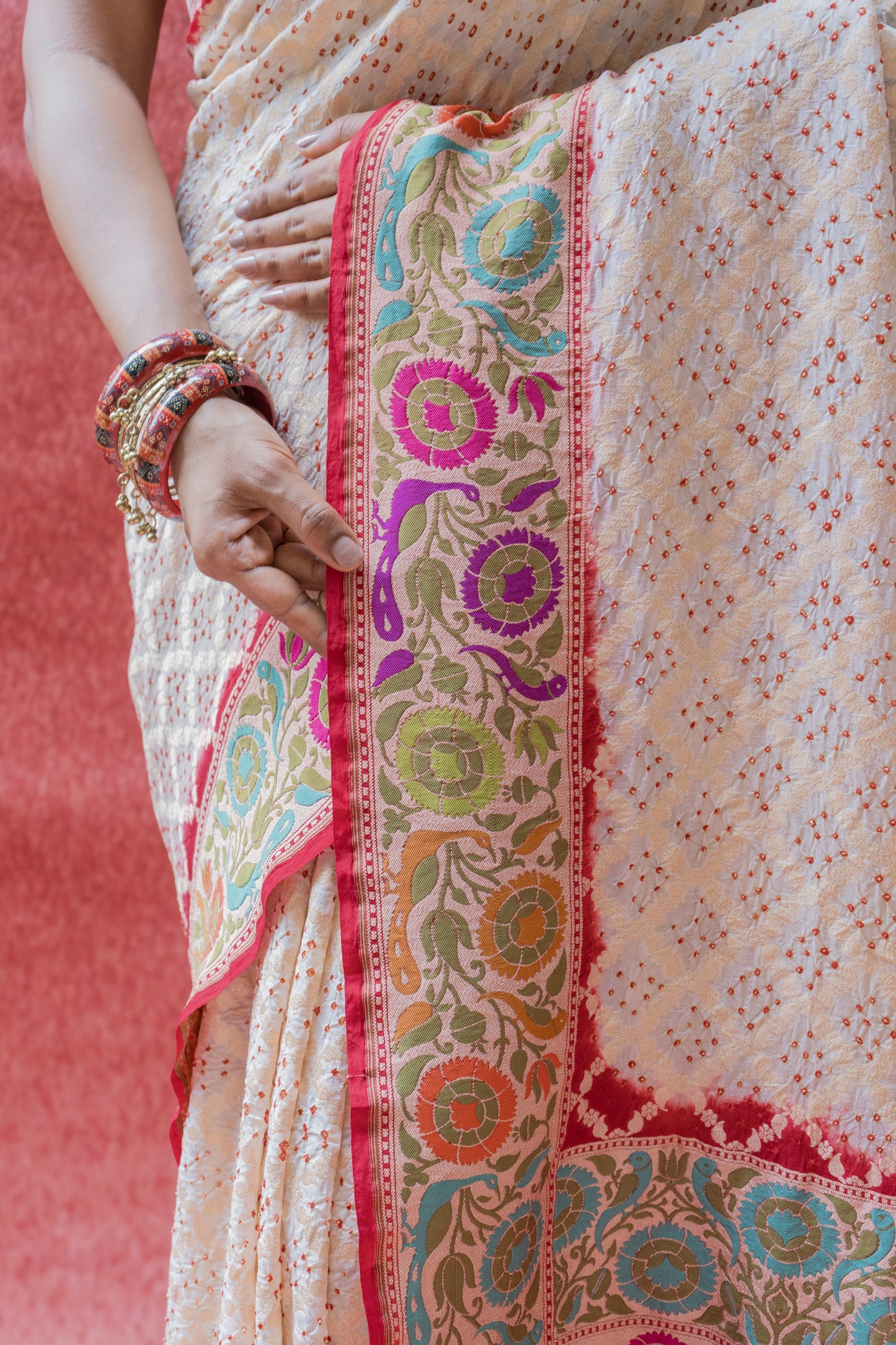 Georgette White-Red Paithani Bandhej Saree