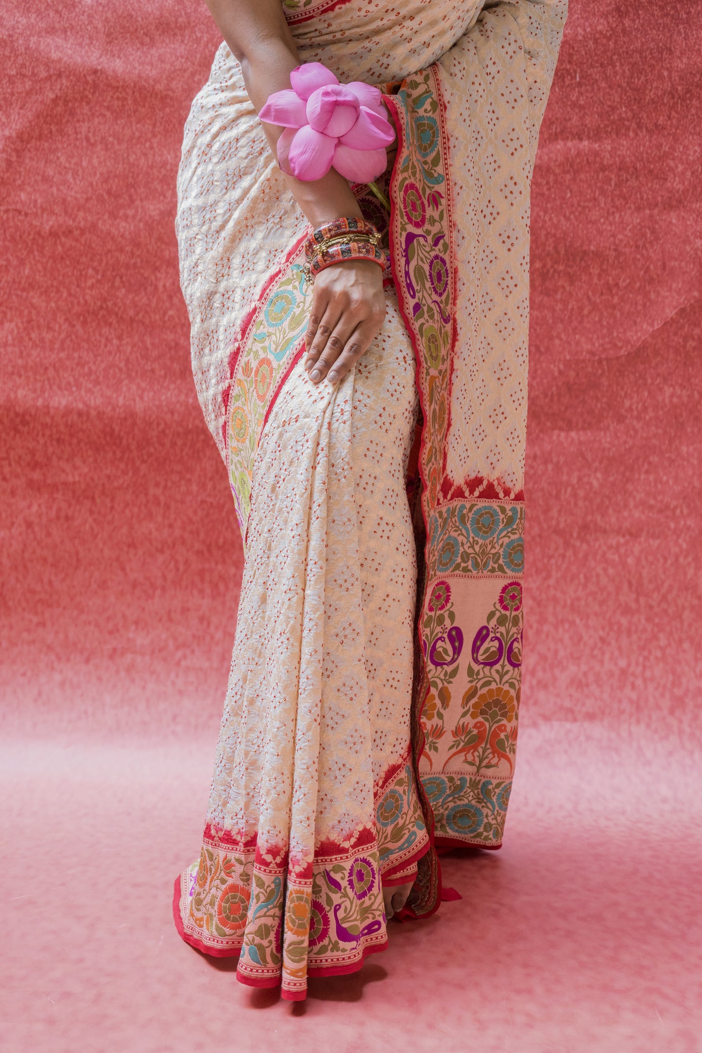 Georgette White-Red Paithani Bandhej Saree