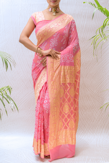 Georgette Rai Dana Pink Bandhej Saree