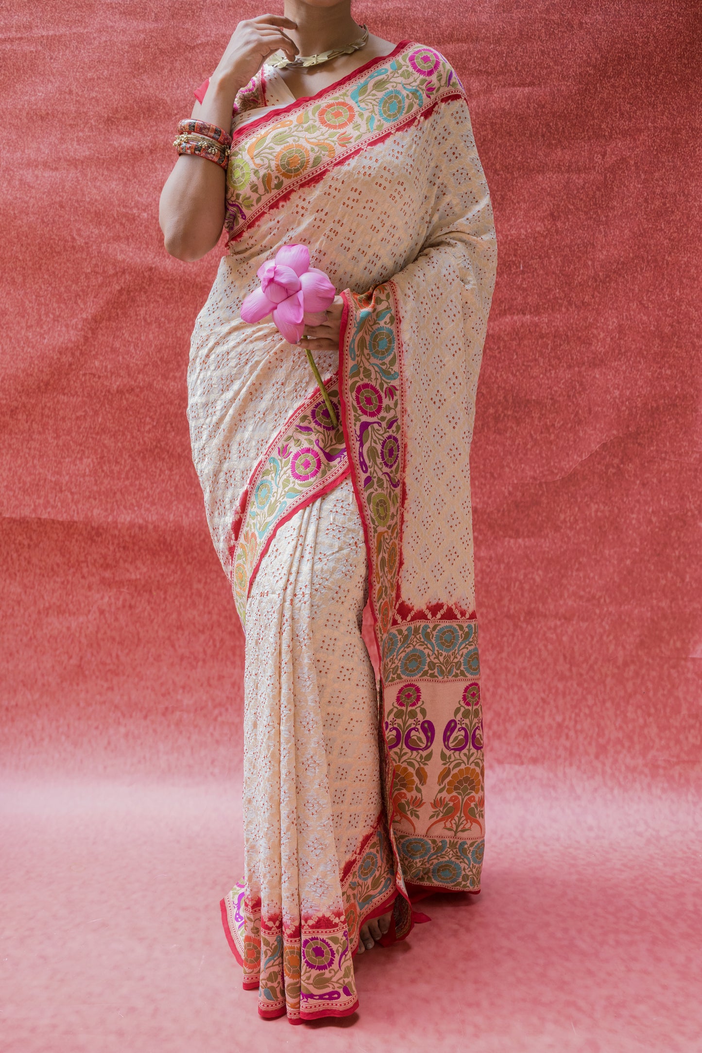 Georgette White-Red Paithani Bandhej Saree