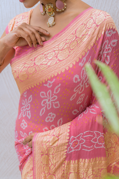 Georgette Rai Dana Pink Bandhej Saree