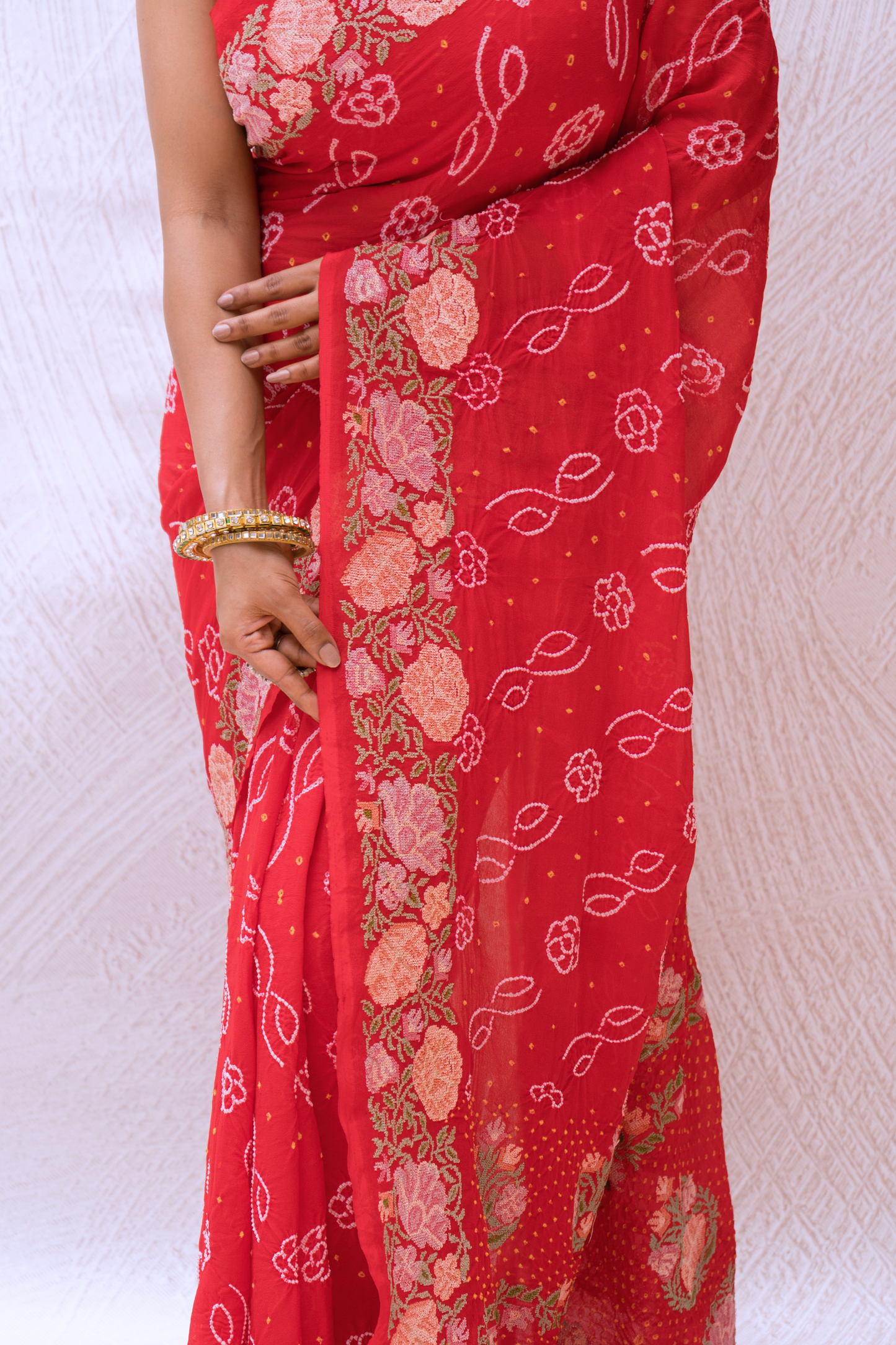 Georgette Embroidered Red Bandhej Saree