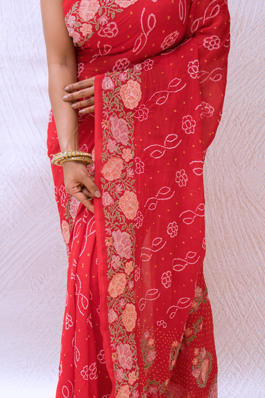 Georgette Embroidered Red Bandhej Saree