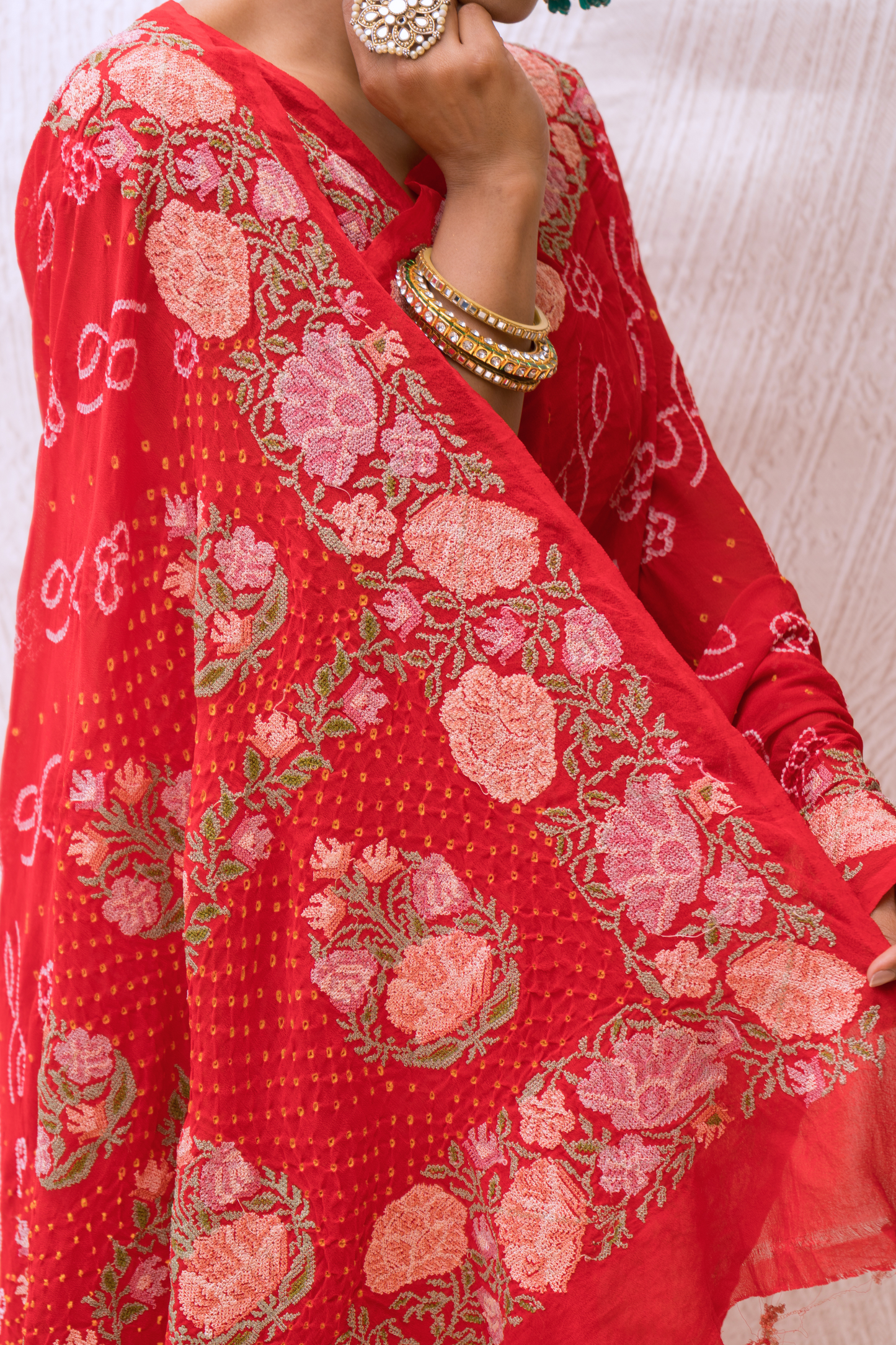 Georgette Embroidered Red Bandhej Saree