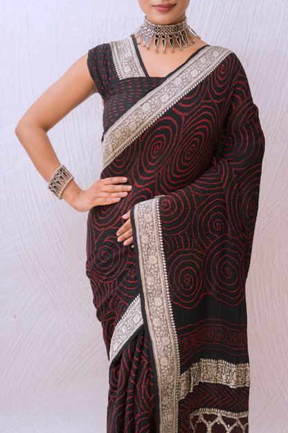 Georgette Red Rai Dana Black Bandhej Saree