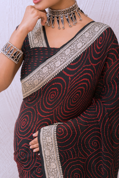 Georgette Red Rai Dana Black Bandhej Saree