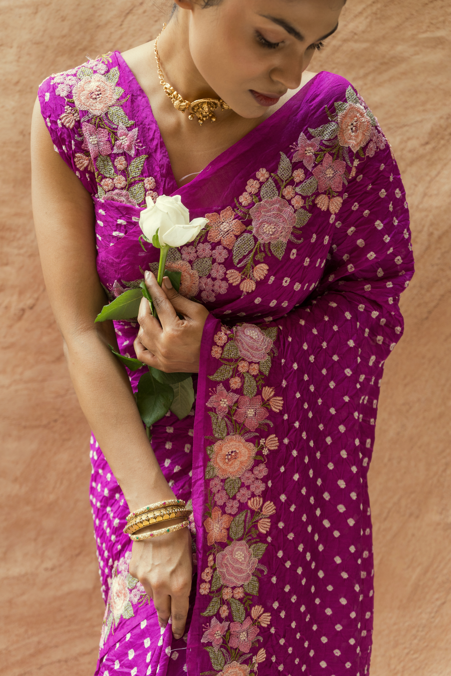 Chiniya Embroidered Purple Bandhej Saree