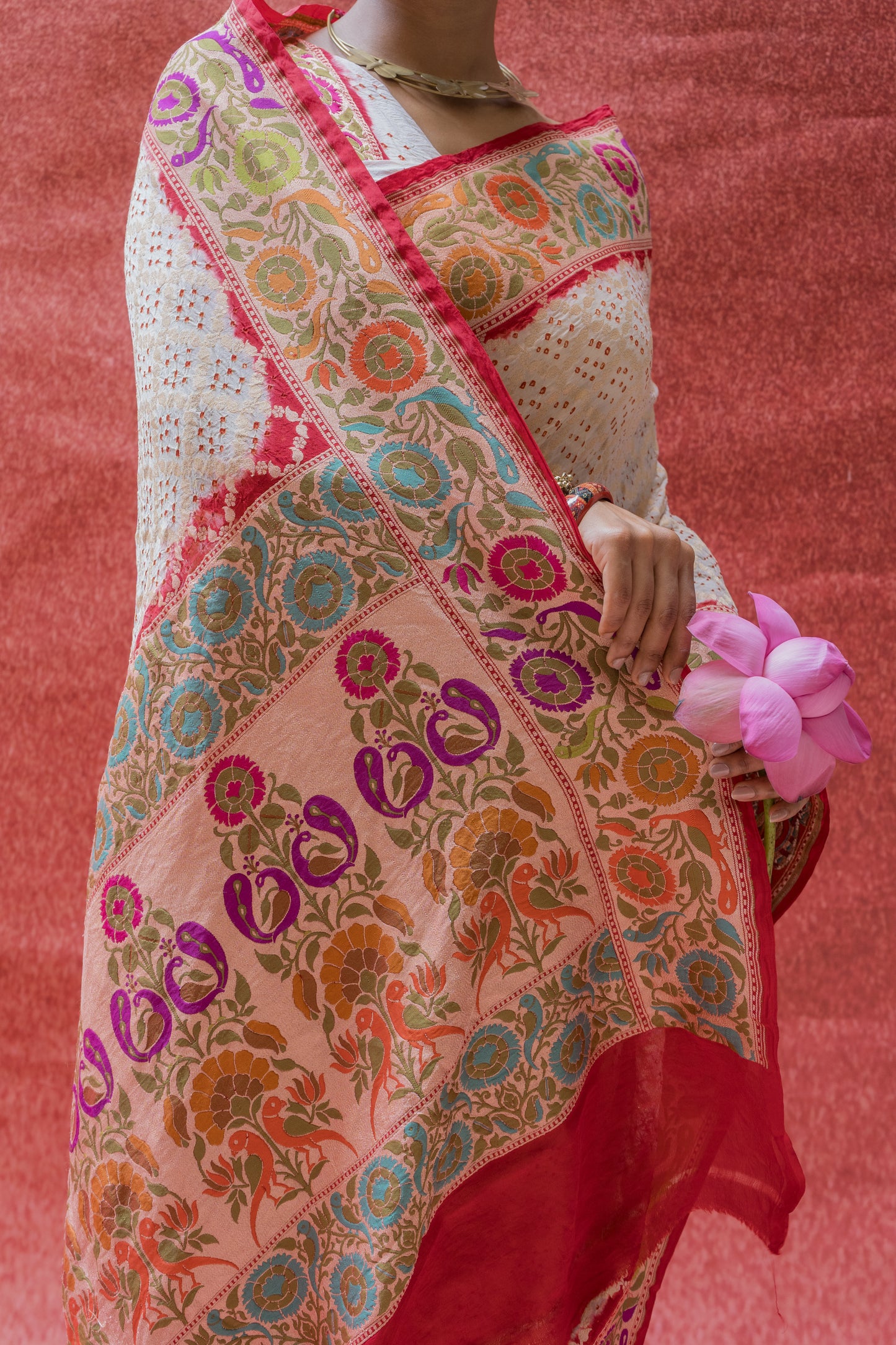 Georgette White-Red Paithani Bandhej Saree