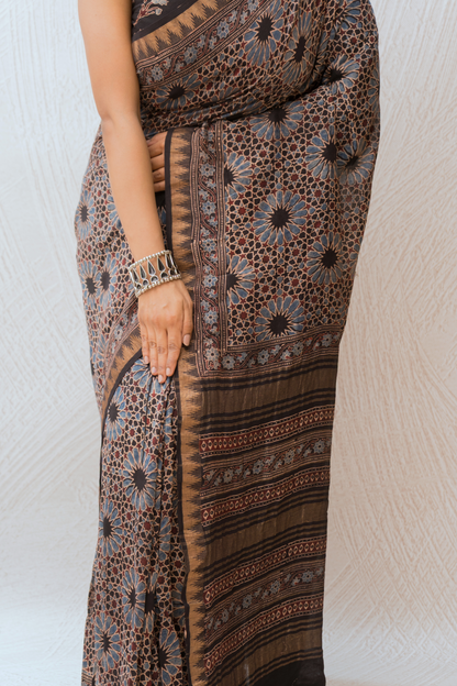 Chanderi Ajrakh Print Black Saree