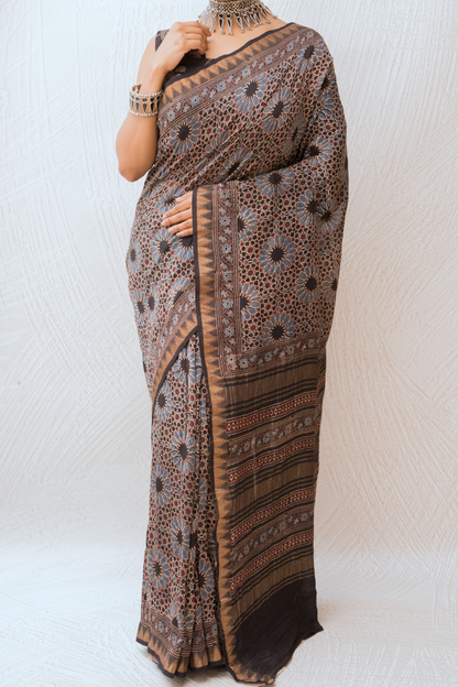Chanderi Ajrakh Print Black Saree