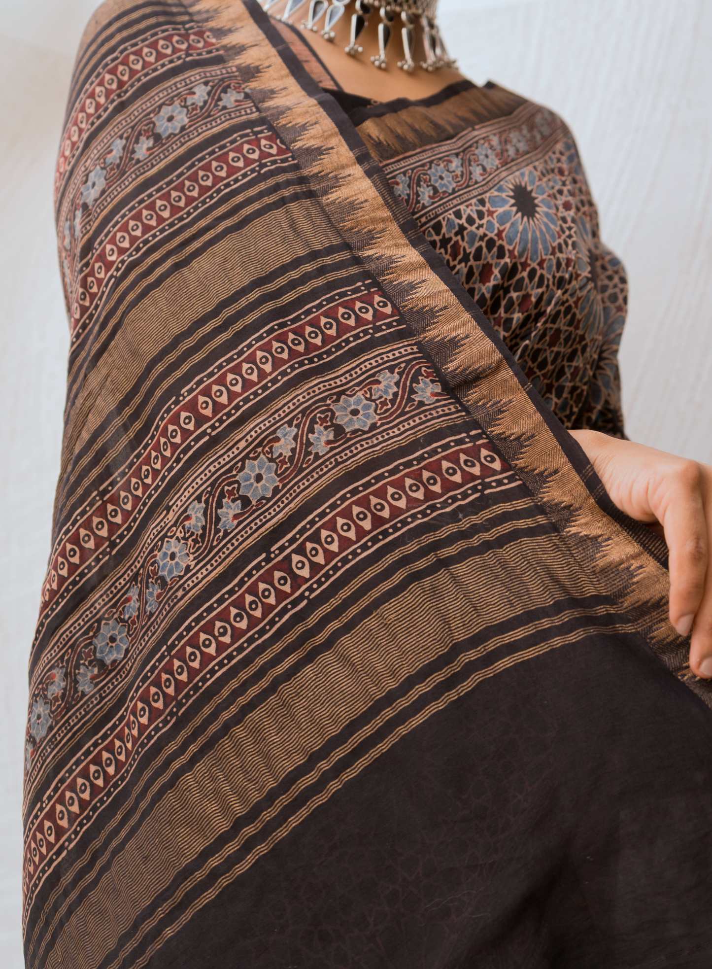 Chanderi Ajrakh Print Black Saree