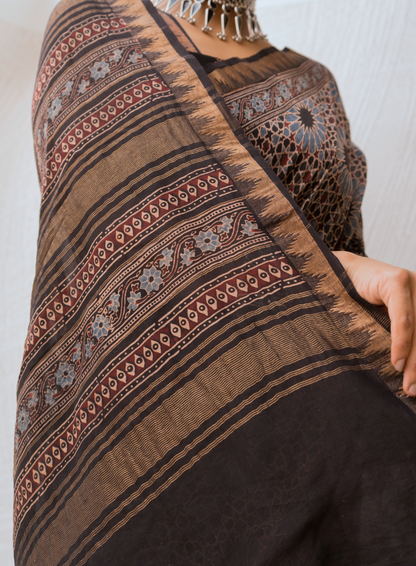 Chanderi Ajrakh Print Black Saree