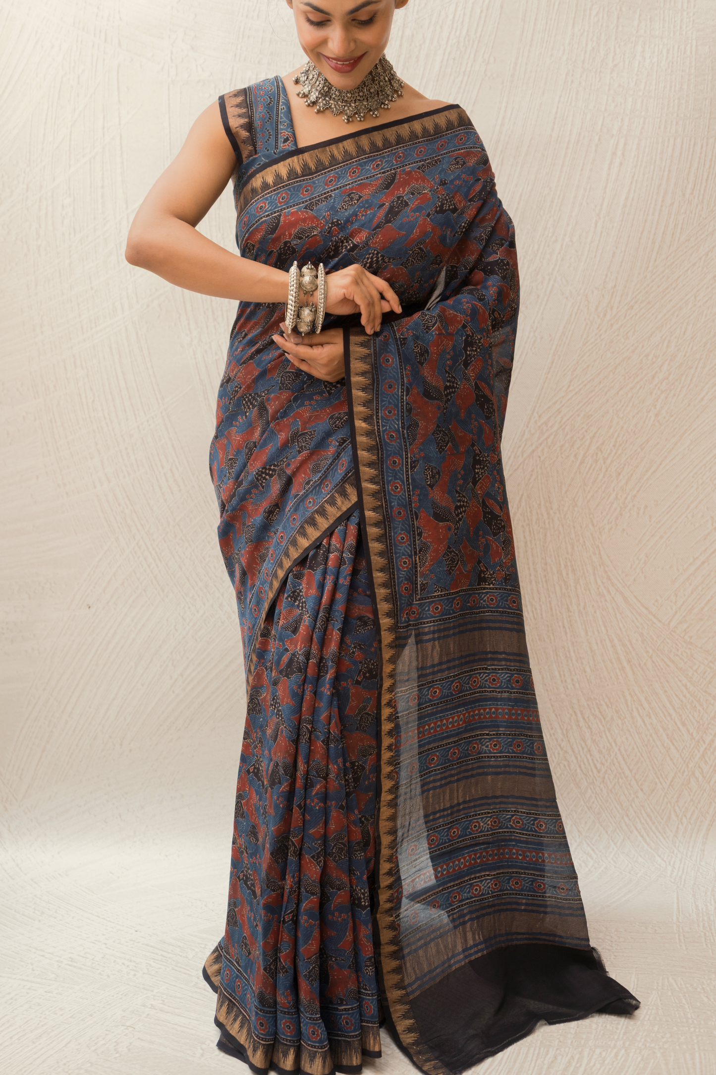 Chanderi Ajrakh Print Indigo Saree