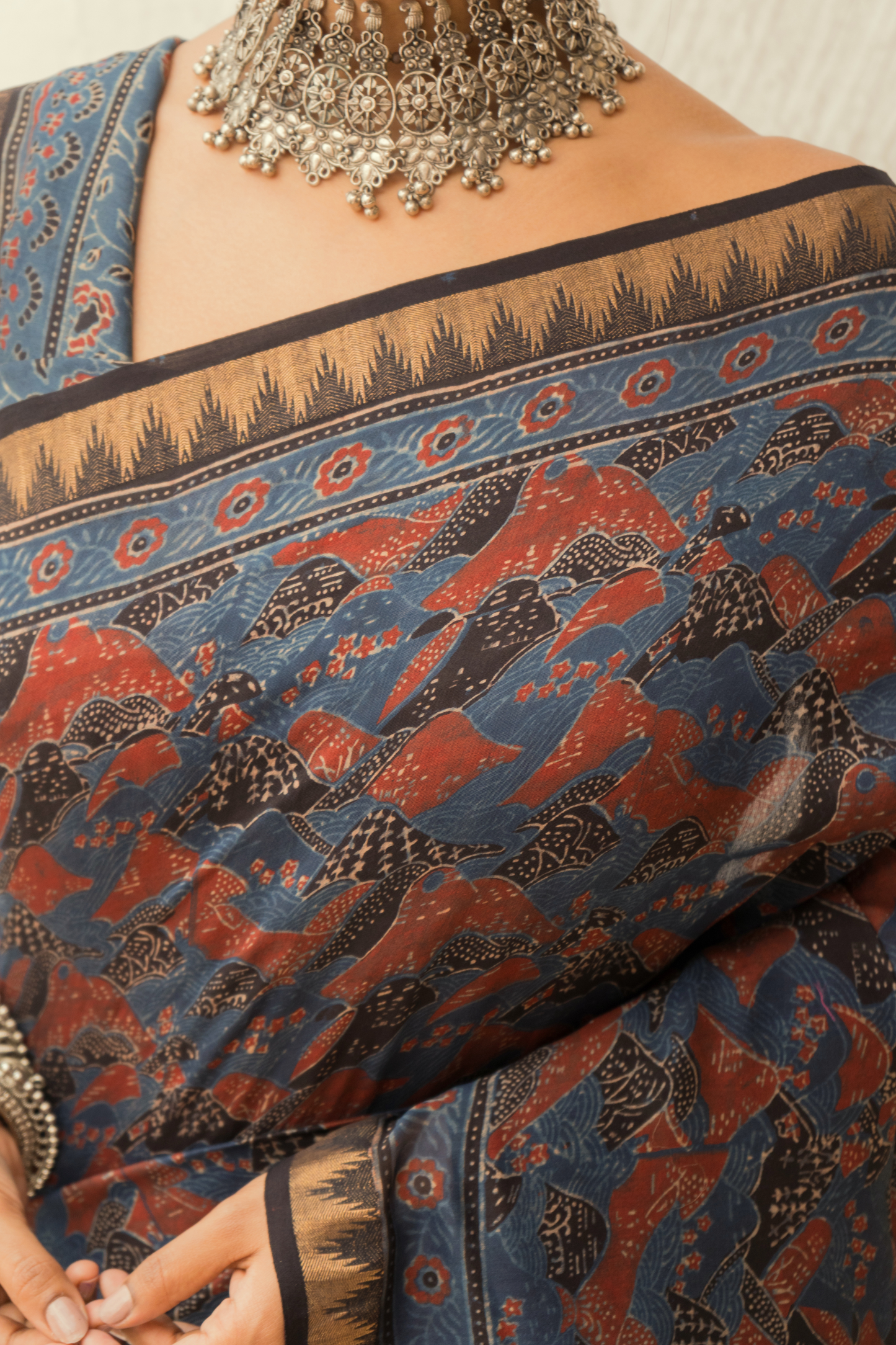 Chanderi Ajrakh Print Indigo Saree