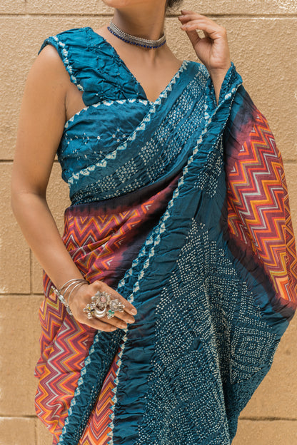 Chiniya Zig-Zag Bandhej Saree (Wine Blue)