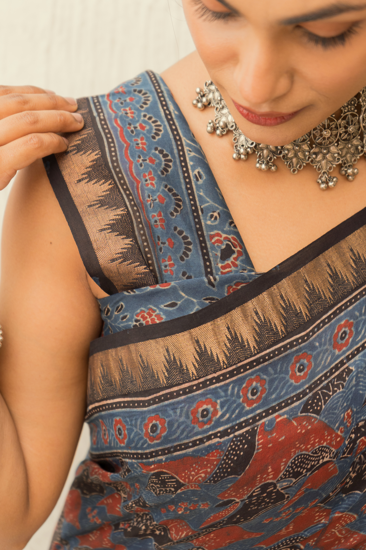 Chanderi Ajrakh Print Indigo Saree