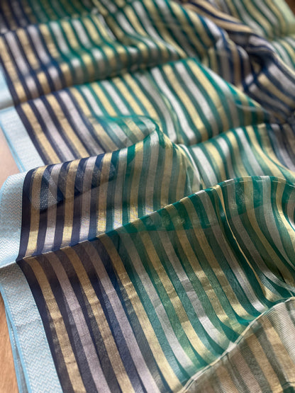 Organza Stripes Dupatta (Blue-Green)