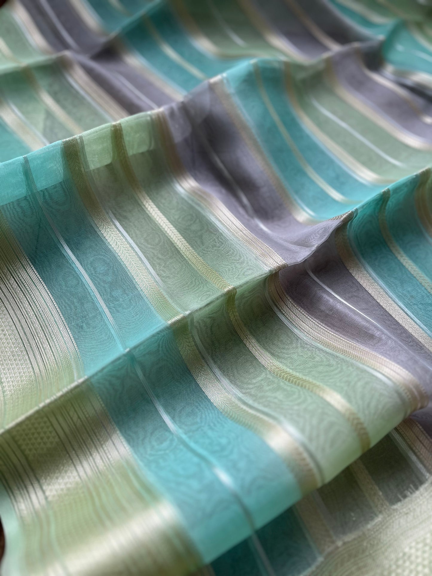 Kora Stripes Weaving(Sea Green-Grey) Dupatta