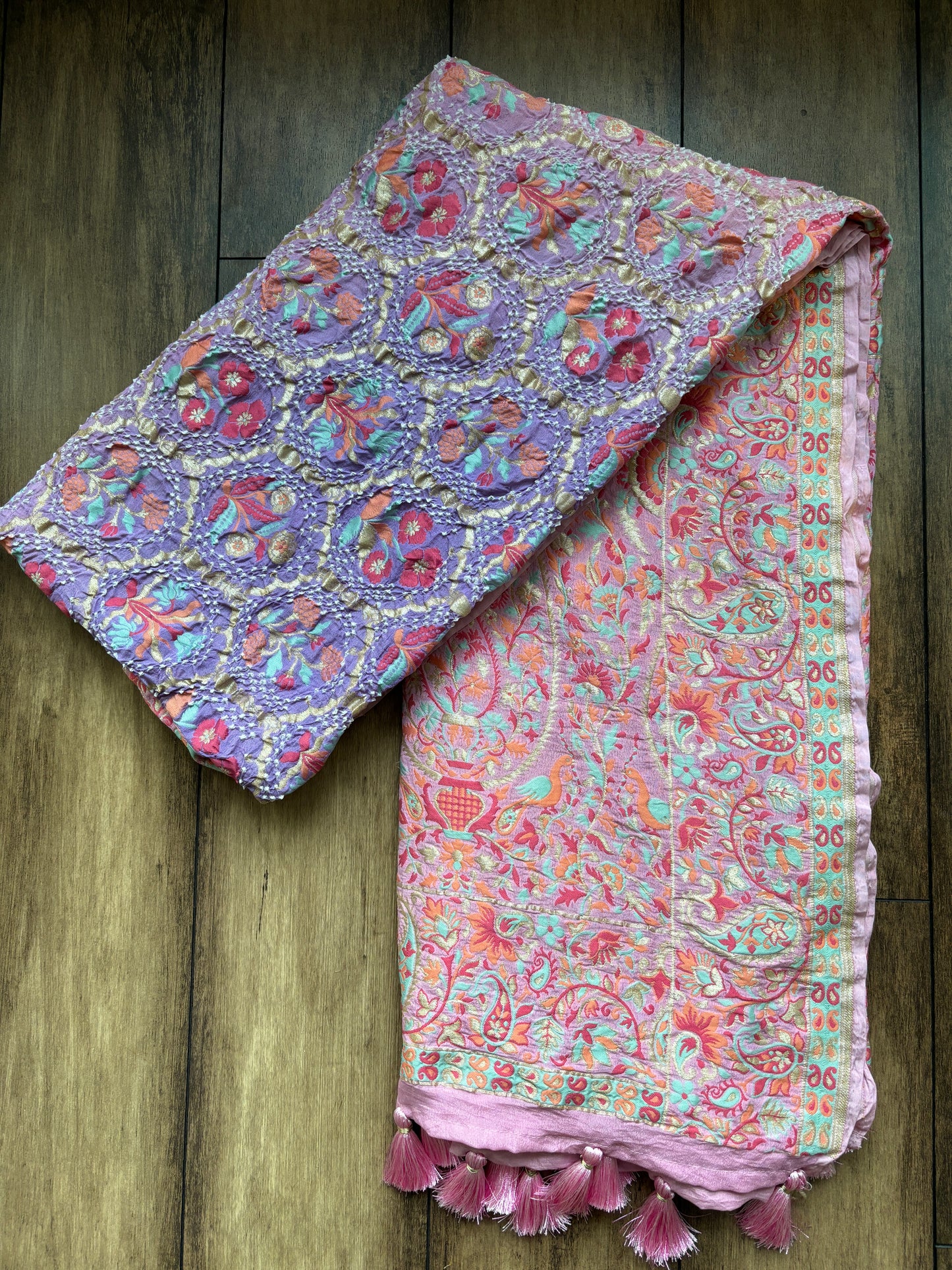 Lavender Blue Pashmina Kimkhwab Shaded Meenakari Bandhej Dupatta