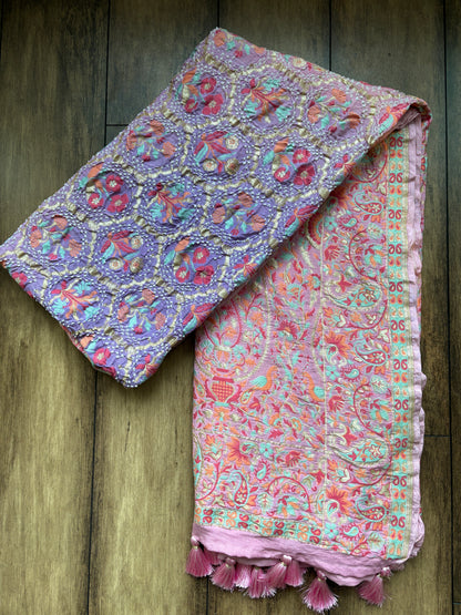 Lavender Blue Pashmina Kimkhwab Shaded Meenakari Bandhej Dupatta
