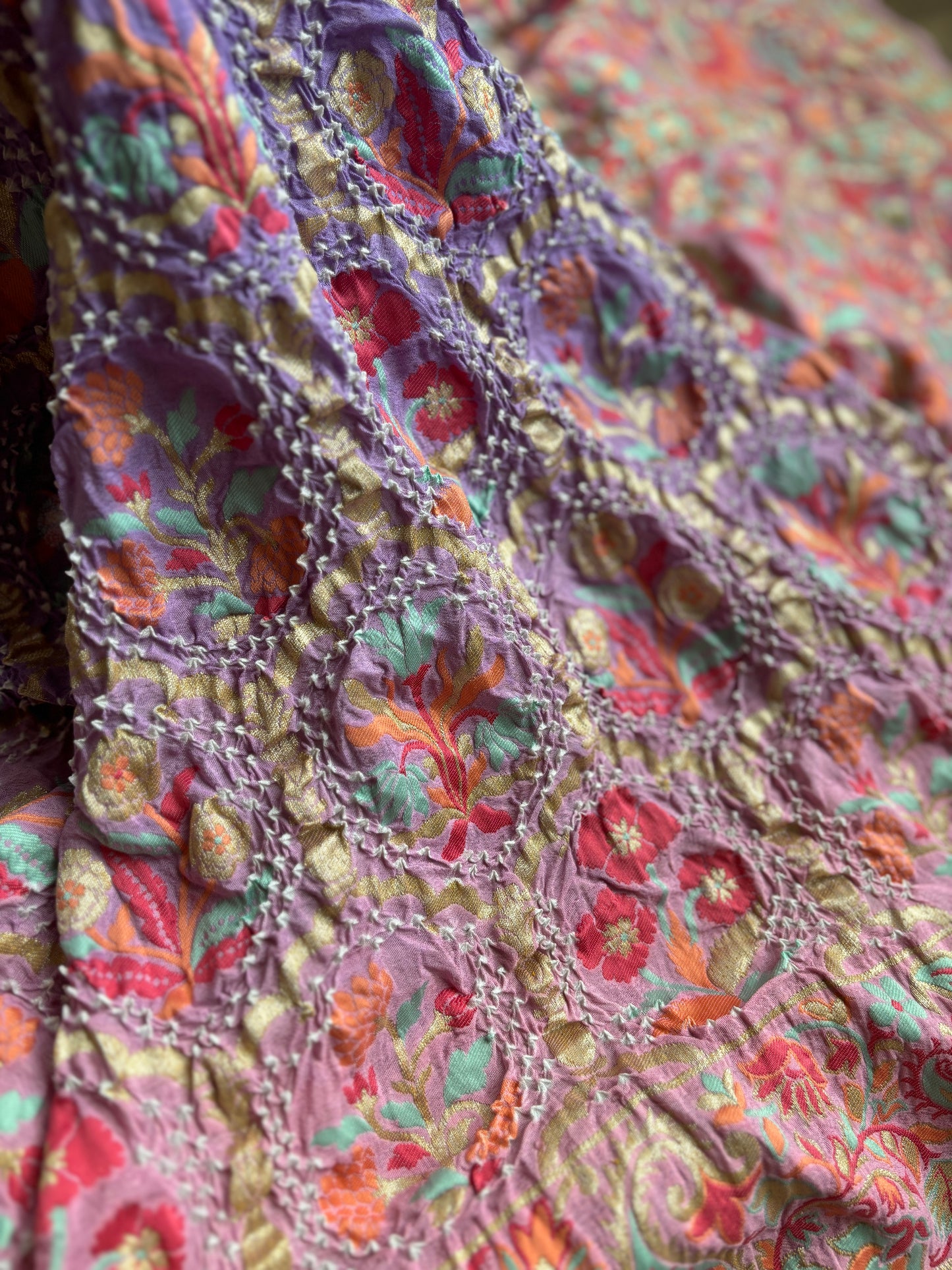 Lavender Blue Pashmina Kimkhwab Shaded Meenakari Bandhej Dupatta