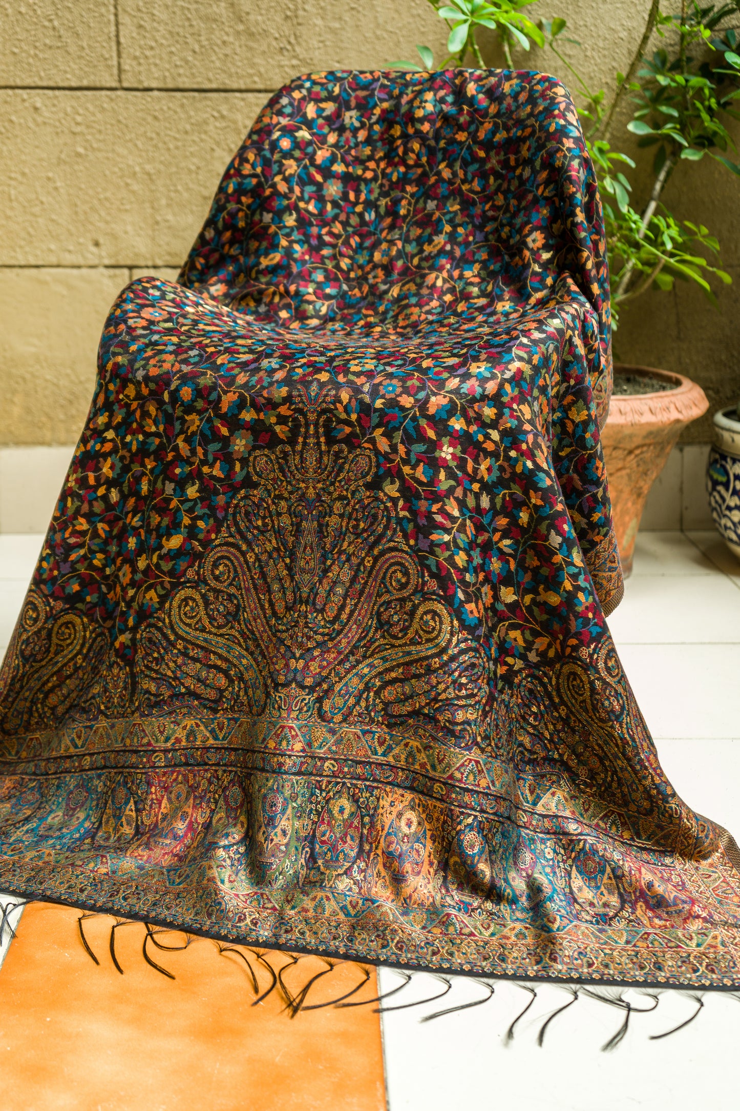 Moonga Pashmina Black Floral Dupatta
