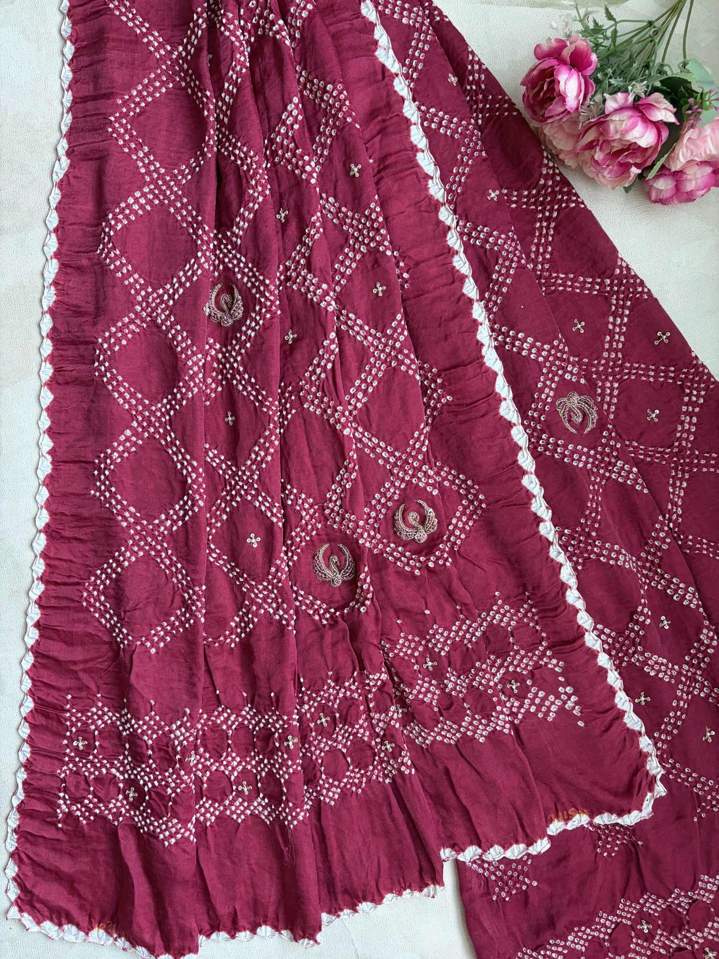 Swan Embroidered Gajji Magenta Bandhej Dupatta