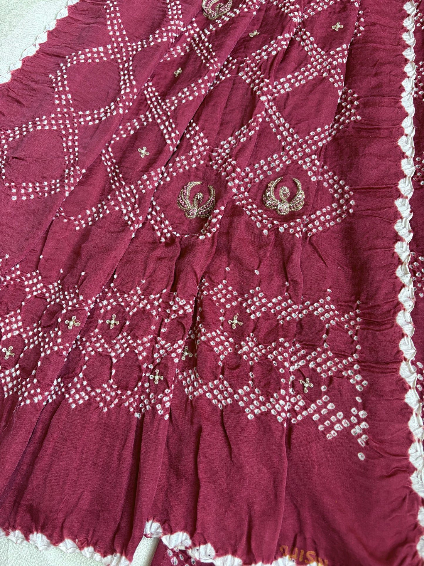 Swan Embroidered Gajji Magenta Bandhej Dupatta