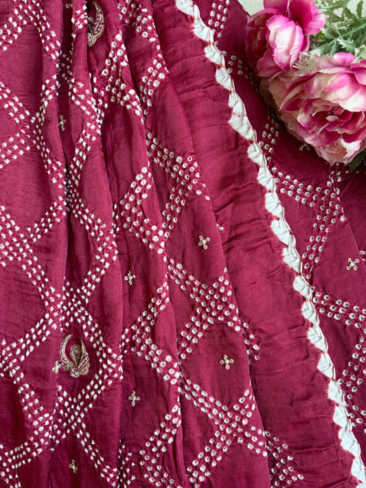 Swan Embroidered Gajji Magenta Bandhej Dupatta