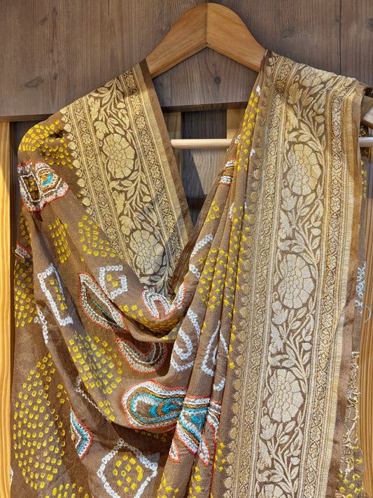 Embroidered Georgette Brown Bandhej Dupatta