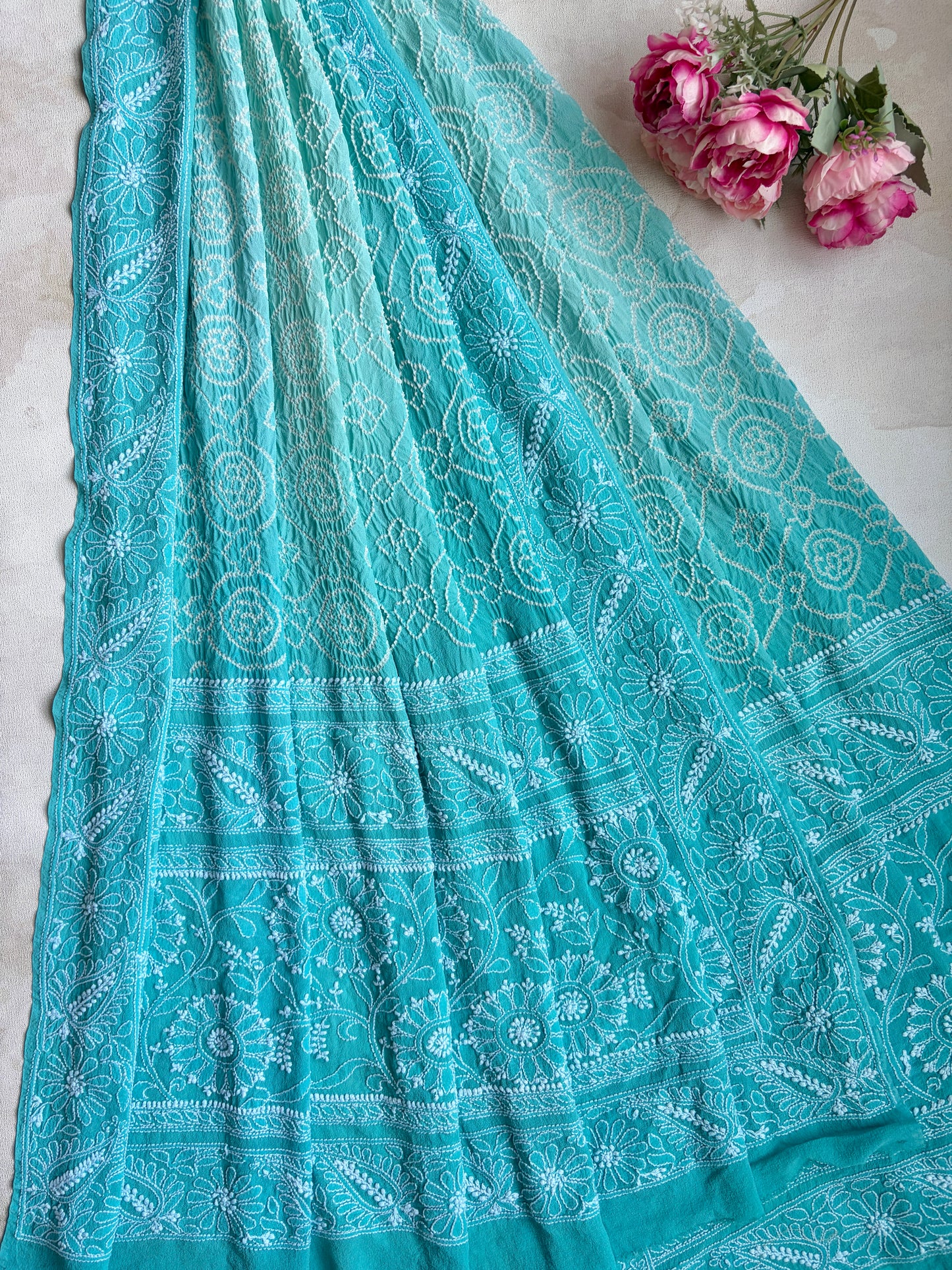 Lucknowi Georgette Bandhej Sea Green Sky Blue Ombre Dupatta