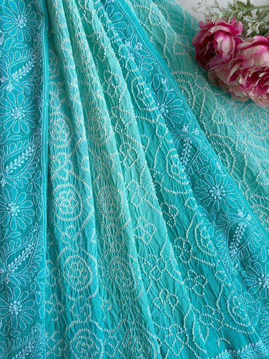 Lucknowi Georgette Bandhej Sea Green Sky Blue Ombre Dupatta