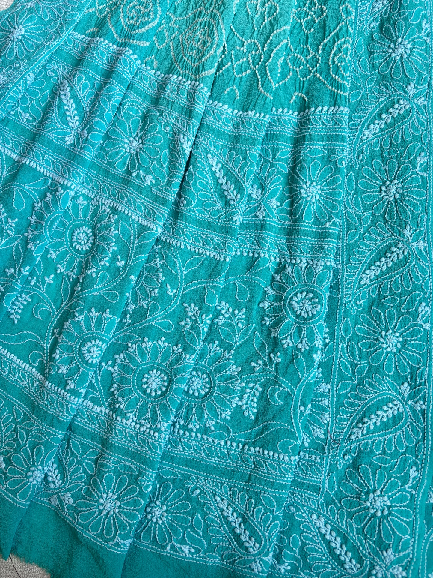 Lucknowi Georgette Bandhej Sea Green Sky Blue Ombre Dupatta