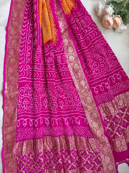 Ombre Pink-Orange Georgette Bandhej Dupatta