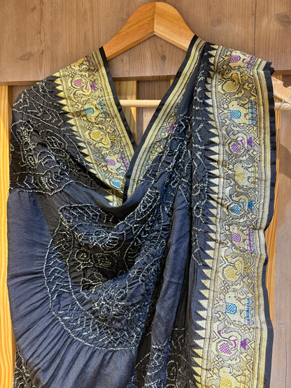 Georgette Animal Weaving Rai Dana Black Bandhej Dupatta