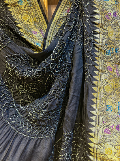 Georgette Animal Weaving Rai Dana Black Bandhej Dupatta