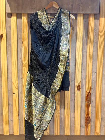 Georgette Animal Weaving Rai Dana Black Bandhej Dupatta
