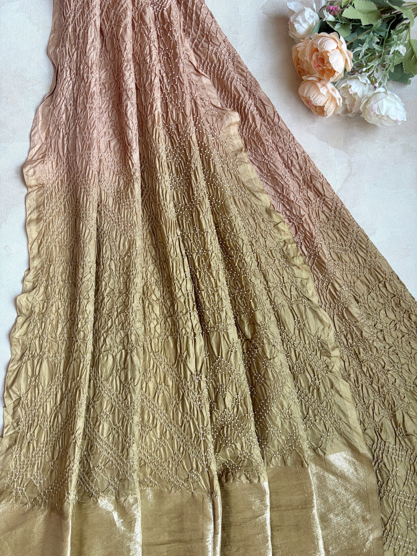 Ombre Brown-Mehendi Green Katan Silk Bandhej Dupatta