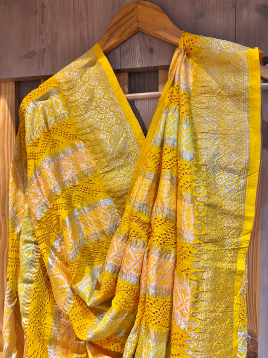 Georgette Stripes Red Rai Dana Yellow Bandhej Dupatta