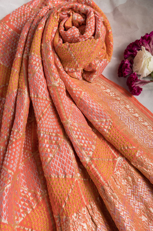 Georgette Abstract Rai Dana Peach Bandhej Dupatta