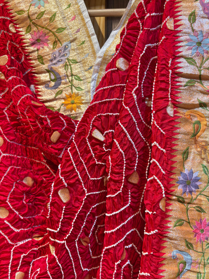 Katan Paithani Red-White Rai Dana Bandhej Dupatta