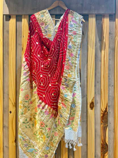 Katan Paithani Red-White Rai Dana Bandhej Dupatta