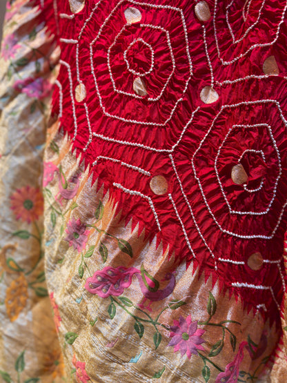 Katan Paithani Red-White Rai Dana Bandhej Dupatta