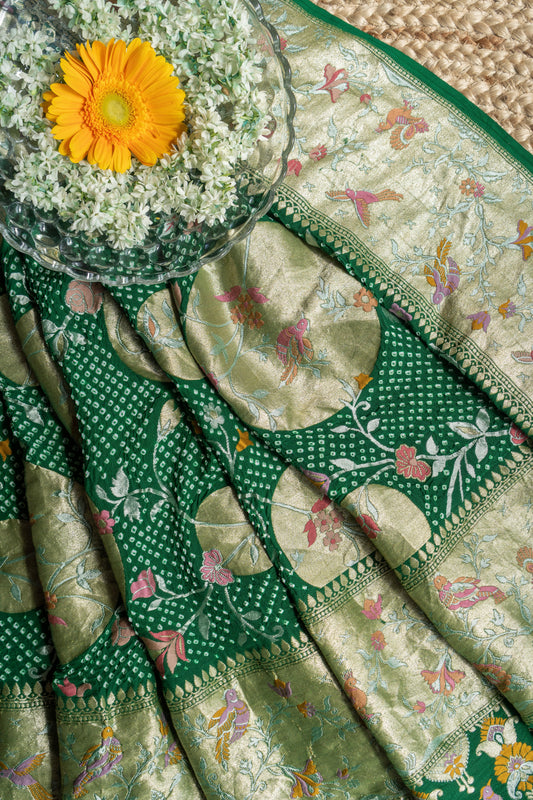 Georgette Figure Boota Meenakari Bandhej Green Dupatta