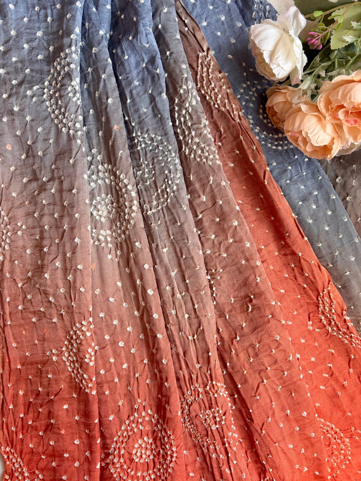 Gajji Rai Dana Ombre Grey Orange Bandhej Dupatta