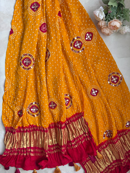 Gota Patti Gajji Shaded Yellow-Red Bandhej Dupatta