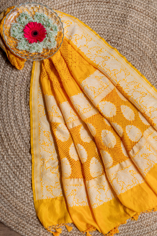 Katan Parsi Red Rai Dana Yellow Bandhej Dupatta