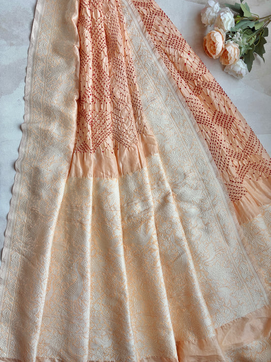 Katan Parsi Red Rai Dana Beige Peach Bandhej Dupatta