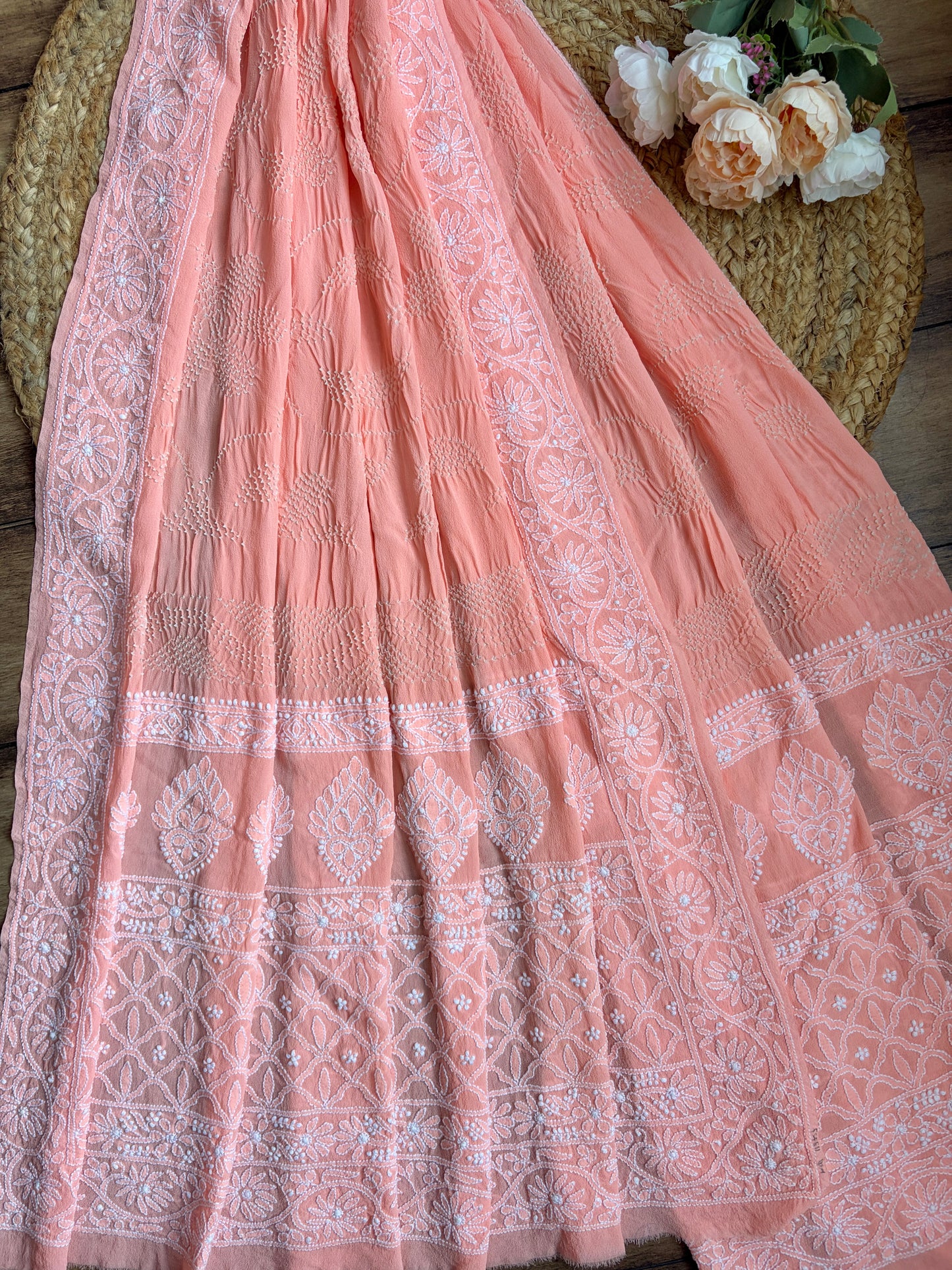 Georgette Lucknowi Baby Pink Bandhej Dupatta